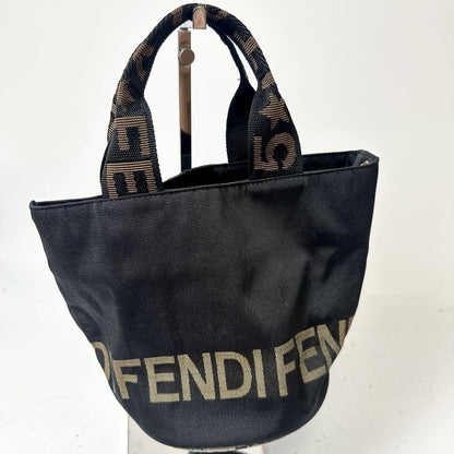 FENDI Hand Bag Tote Purse Logo Canvas Black Brown Authentic