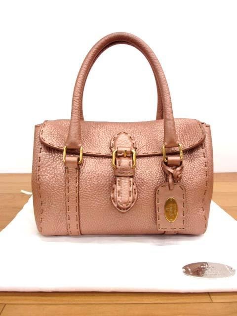 FENDI Mini Hand Bag Tote Purse Selleria Leather Rose Gold Authentic