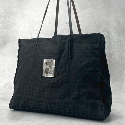 FENDI Hand Bag Tote Purse FF Zucca Canvas Leather Black Authentic