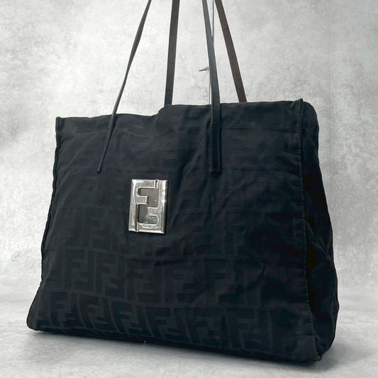 FENDI Hand Bag Tote Purse FF Zucca Canvas Leather Black Authentic