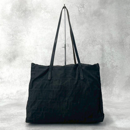 FENDI Hand Bag Tote Purse FF Zucca Canvas Leather Black Authentic
