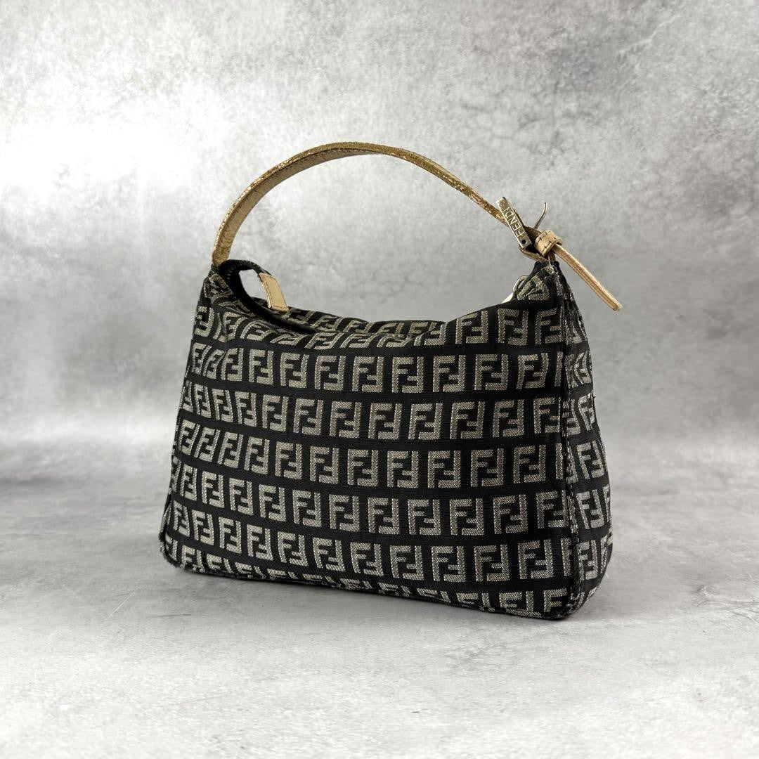FENDI Accessory Pouch Hand Bag Purse FF Zucchino Canvas Leather Black Gray Beige