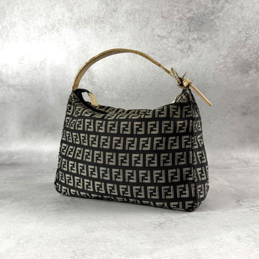FENDI Accessory Pouch Hand Bag Purse FF Zucchino Canvas Leather Black Gray Beige