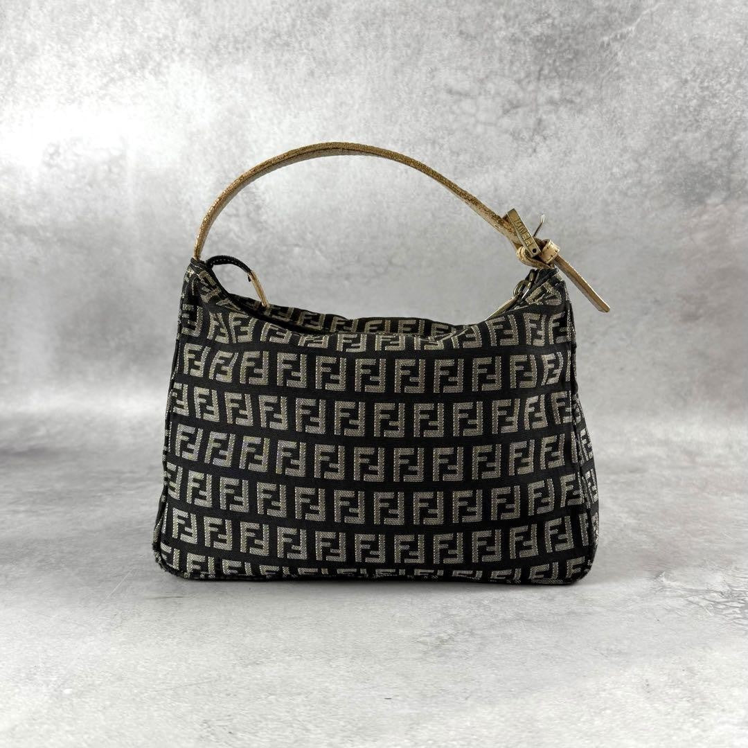 FENDI Accessory Pouch Hand Bag Purse FF Zucchino Canvas Leather Black Gray Beige