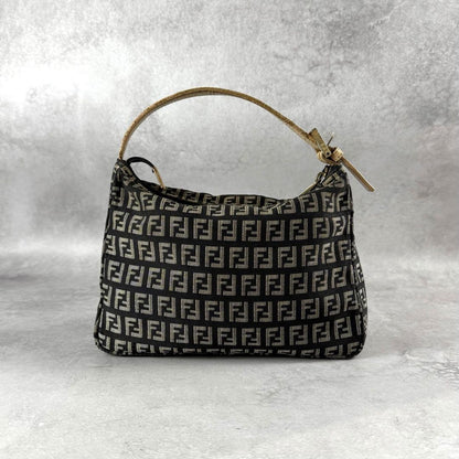 FENDI Accessory Pouch Hand Bag Purse FF Zucchino Canvas Leather Black Gray Beige