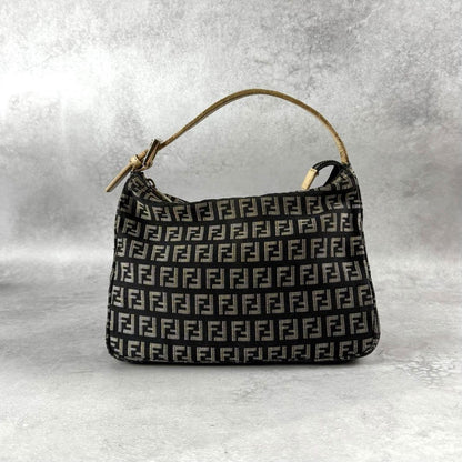 FENDI Accessory Pouch Hand Bag Purse FF Zucchino Canvas Leather Black Gray Beige