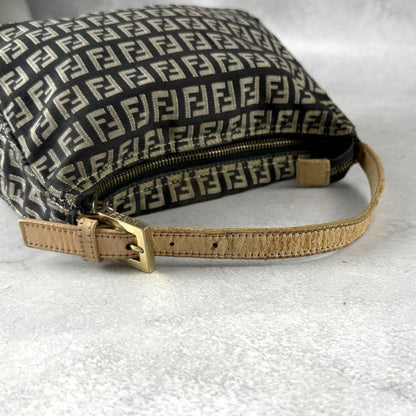 FENDI Accessory Pouch Hand Bag Purse FF Zucchino Canvas Leather Black Gray Beige