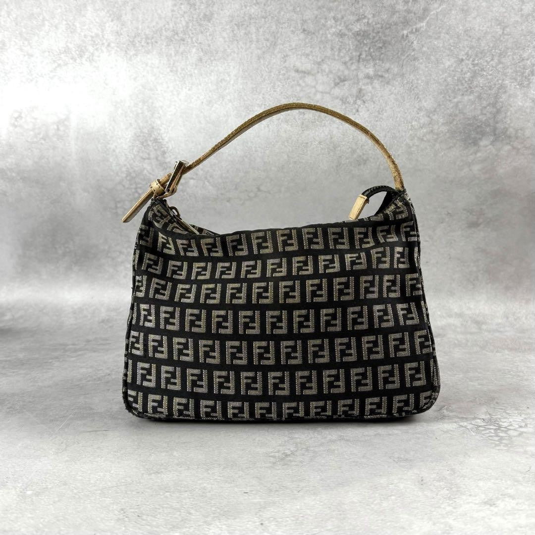 FENDI Accessory Pouch Hand Bag Purse FF Zucchino Canvas Leather Black Gray Beige