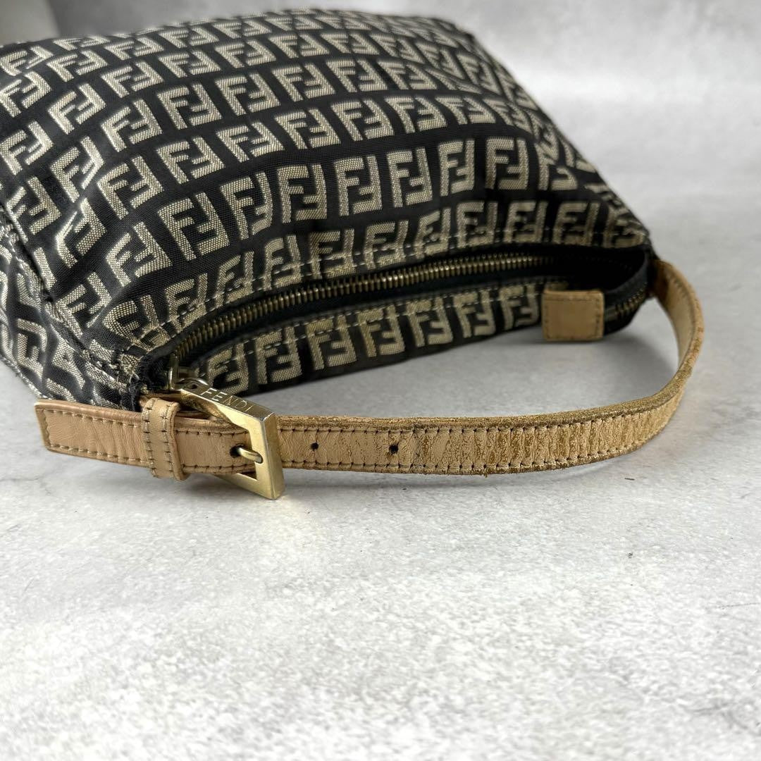FENDI Accessory Pouch Hand Bag Purse FF Zucchino Canvas Leather Black Gray Beige