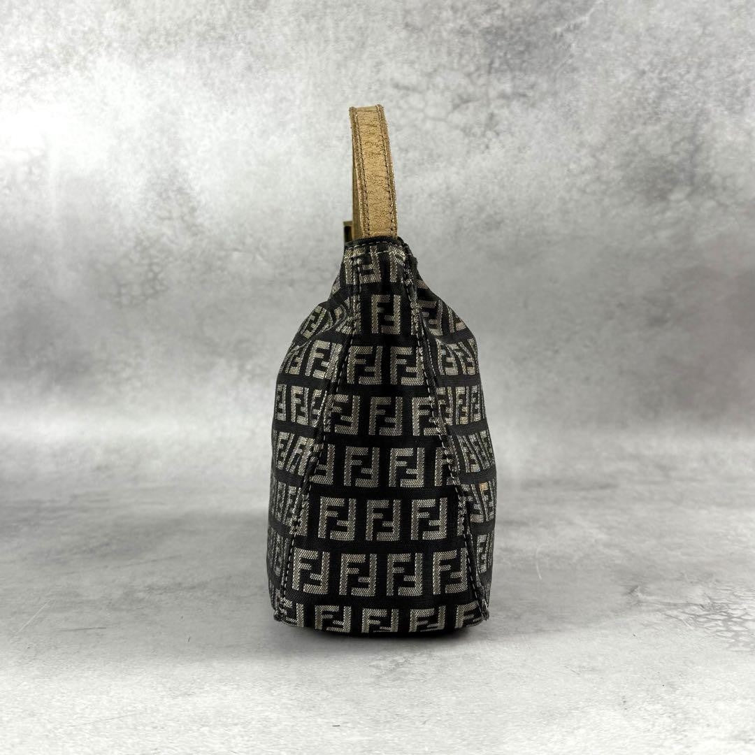 FENDI Accessory Pouch Hand Bag Purse FF Zucchino Canvas Leather Black Gray Beige