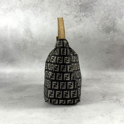 FENDI Accessory Pouch Hand Bag Purse FF Zucchino Canvas Leather Black Gray Beige
