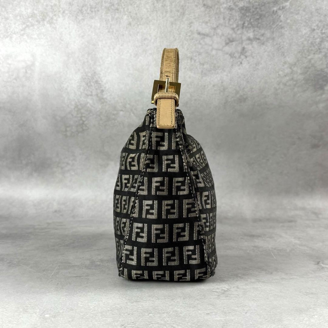 FENDI Accessory Pouch Hand Bag Purse FF Zucchino Canvas Leather Black Gray Beige
