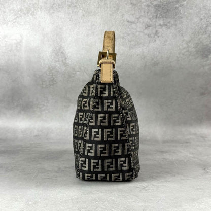 FENDI Accessory Pouch Hand Bag Purse FF Zucchino Canvas Leather Black Gray Beige