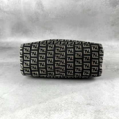 FENDI Accessory Pouch Hand Bag Purse FF Zucchino Canvas Leather Black Gray Beige