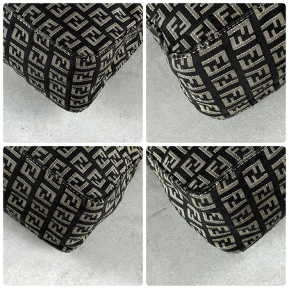 FENDI Accessory Pouch Hand Bag Purse FF Zucchino Canvas Leather Black Gray Beige