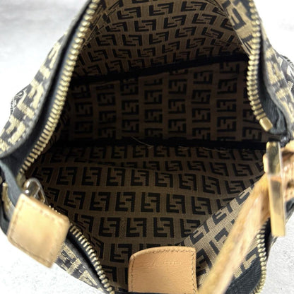 FENDI Accessory Pouch Hand Bag Purse FF Zucchino Canvas Leather Black Gray Beige