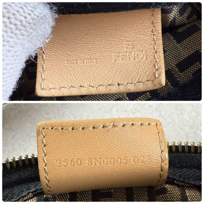 FENDI Accessory Pouch Hand Bag Purse FF Zucchino Canvas Leather Black Gray Beige