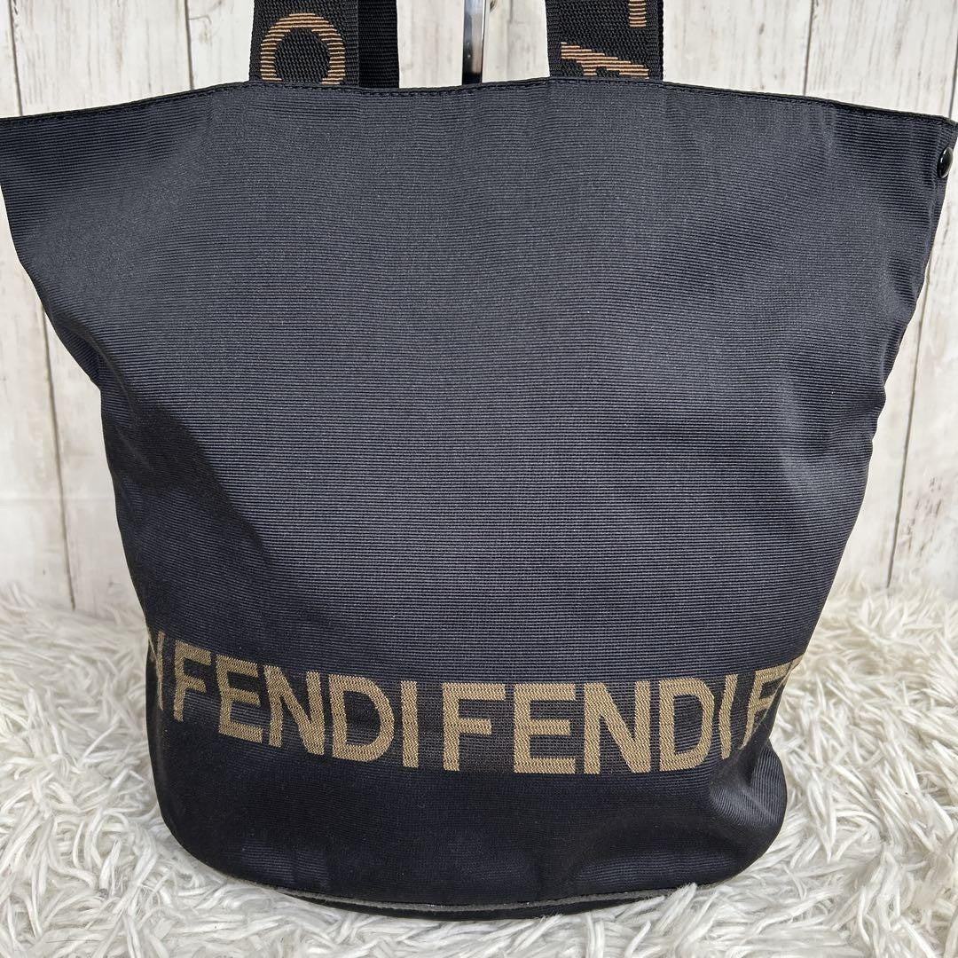 FENDI Hand Bag Tote Purse Logo Nylon Black Authentic