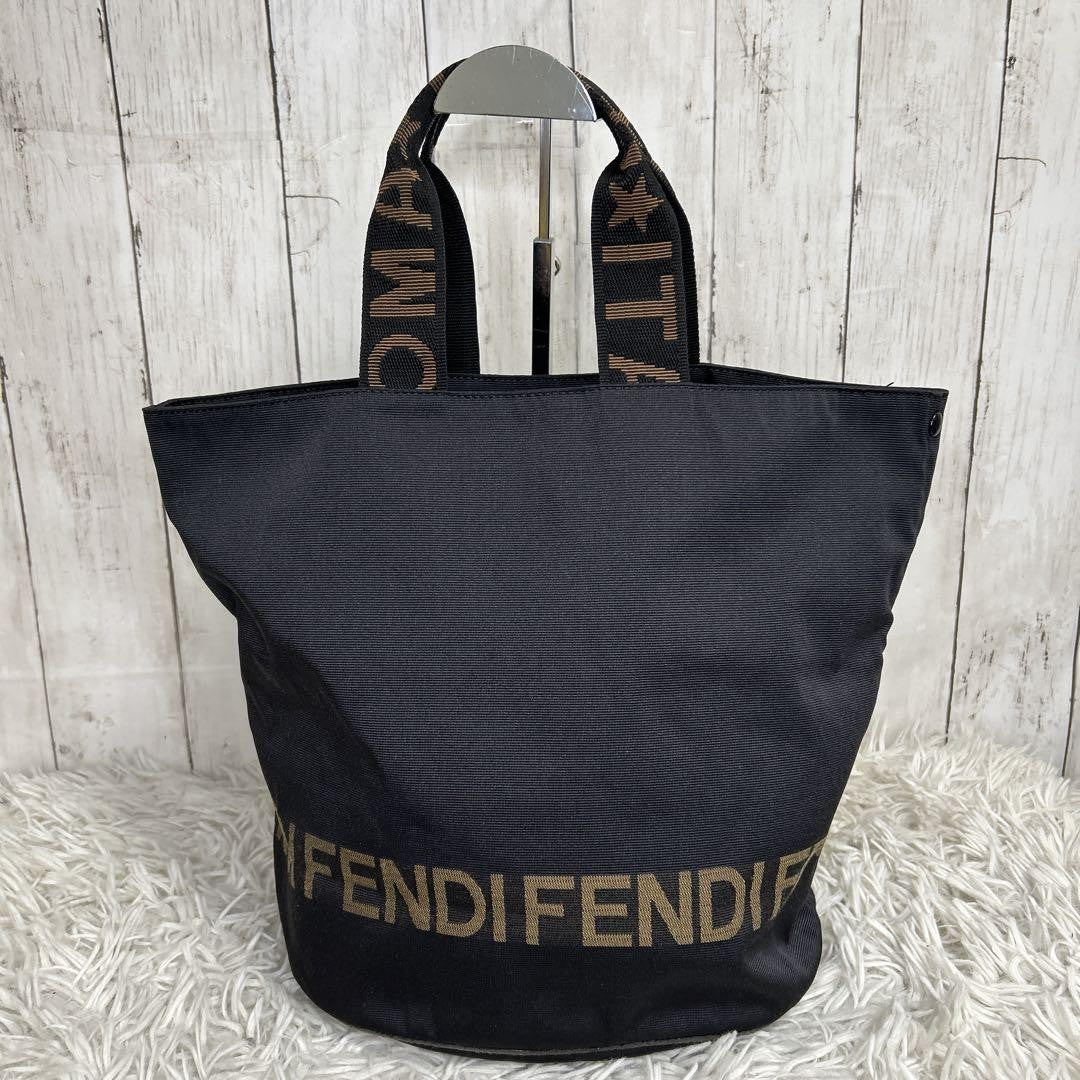 FENDI Hand Bag Tote Purse Logo Nylon Black Authentic