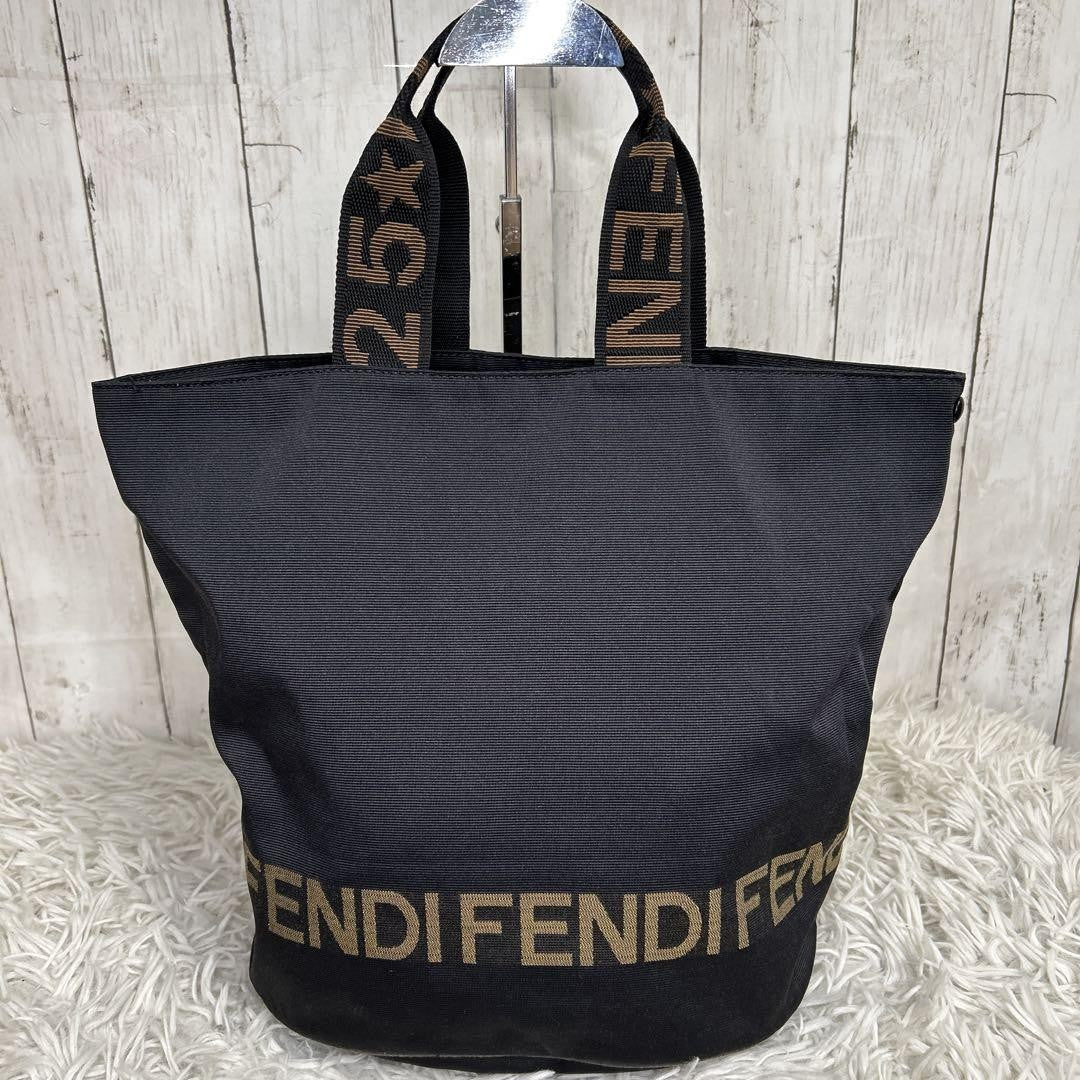FENDI Hand Bag Tote Purse Logo Nylon Black Authentic