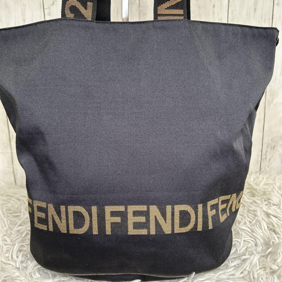 FENDI Hand Bag Tote Purse Logo Nylon Black Authentic