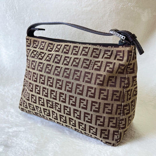 FENDI Accessory Pouch Hand Pouch FF Zucchino Canvas Leather Brown Authentic