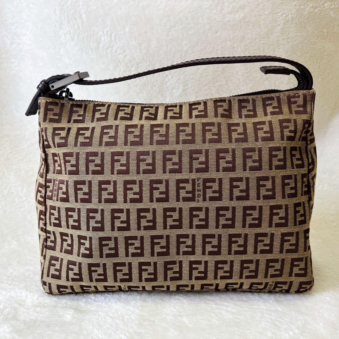 FENDI Accessory Pouch Hand Pouch FF Zucchino Canvas Leather Brown Authentic