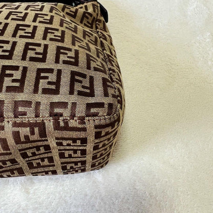 FENDI Accessory Pouch Hand Pouch FF Zucchino Canvas Leather Brown Authentic