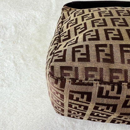 FENDI Accessory Pouch Hand Pouch FF Zucchino Canvas Leather Brown Authentic
