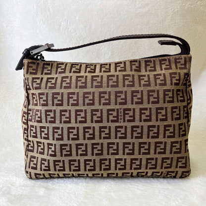 FENDI Accessory Pouch Hand Pouch FF Zucchino Canvas Leather Brown Authentic