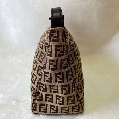 FENDI Accessory Pouch Hand Pouch FF Zucchino Canvas Leather Brown Authentic