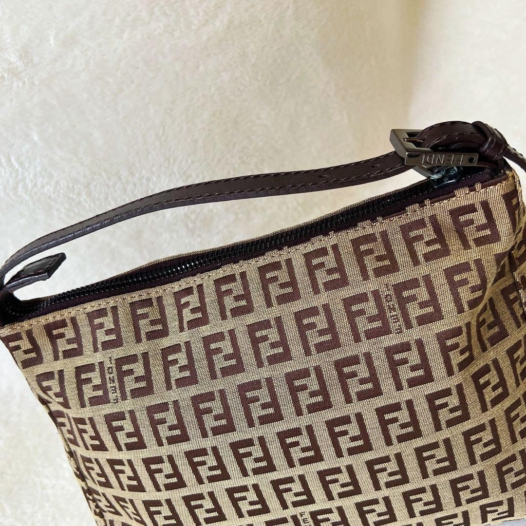 FENDI Accessory Pouch Hand Pouch FF Zucchino Canvas Leather Brown Authentic