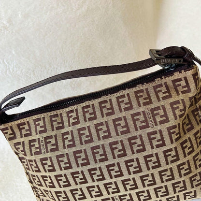 FENDI Accessory Pouch Hand Pouch FF Zucchino Canvas Leather Brown Authentic