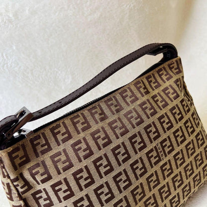FENDI Accessory Pouch Hand Pouch FF Zucchino Canvas Leather Brown Authentic