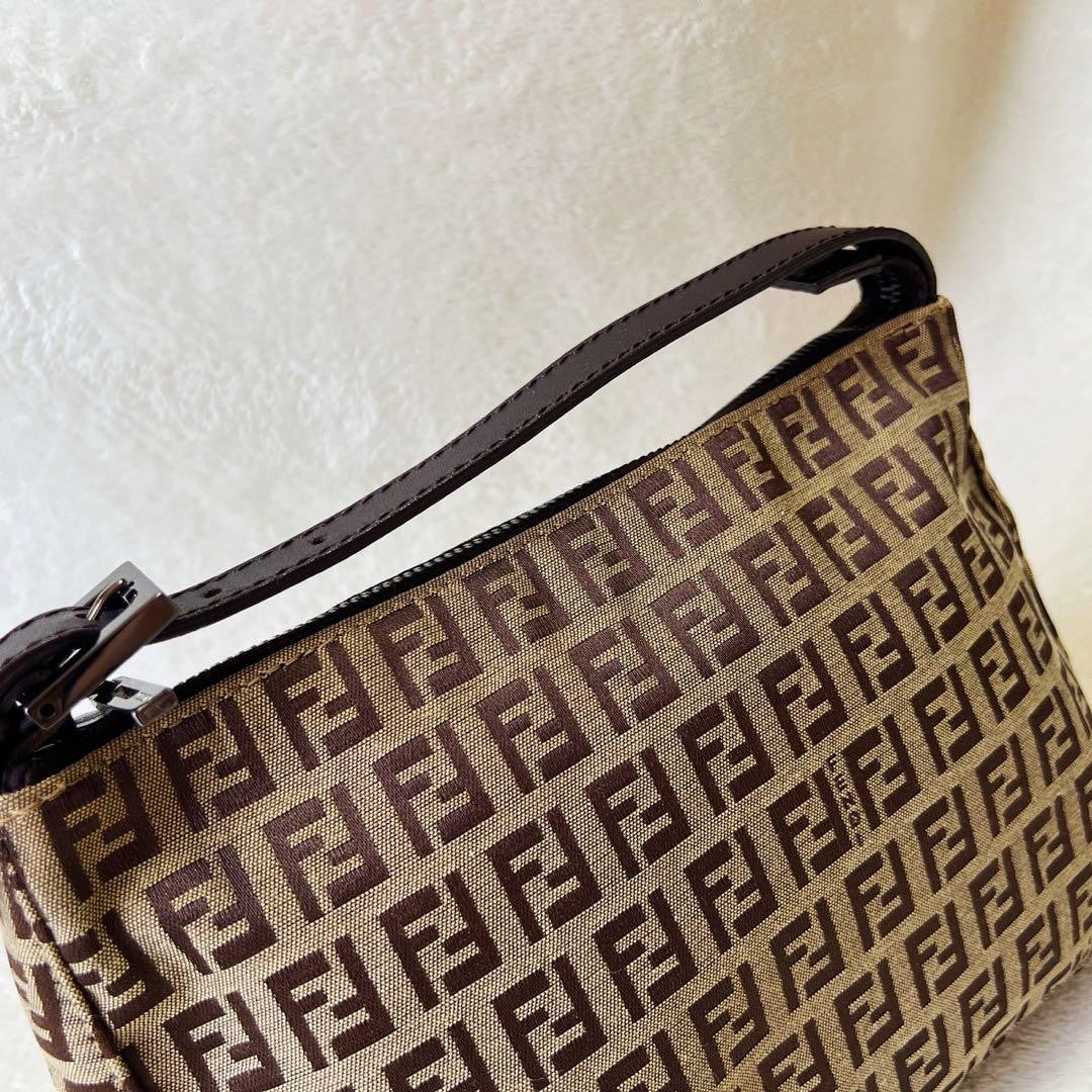 FENDI Accessory Pouch Hand Pouch FF Zucchino Canvas Leather Brown Authentic