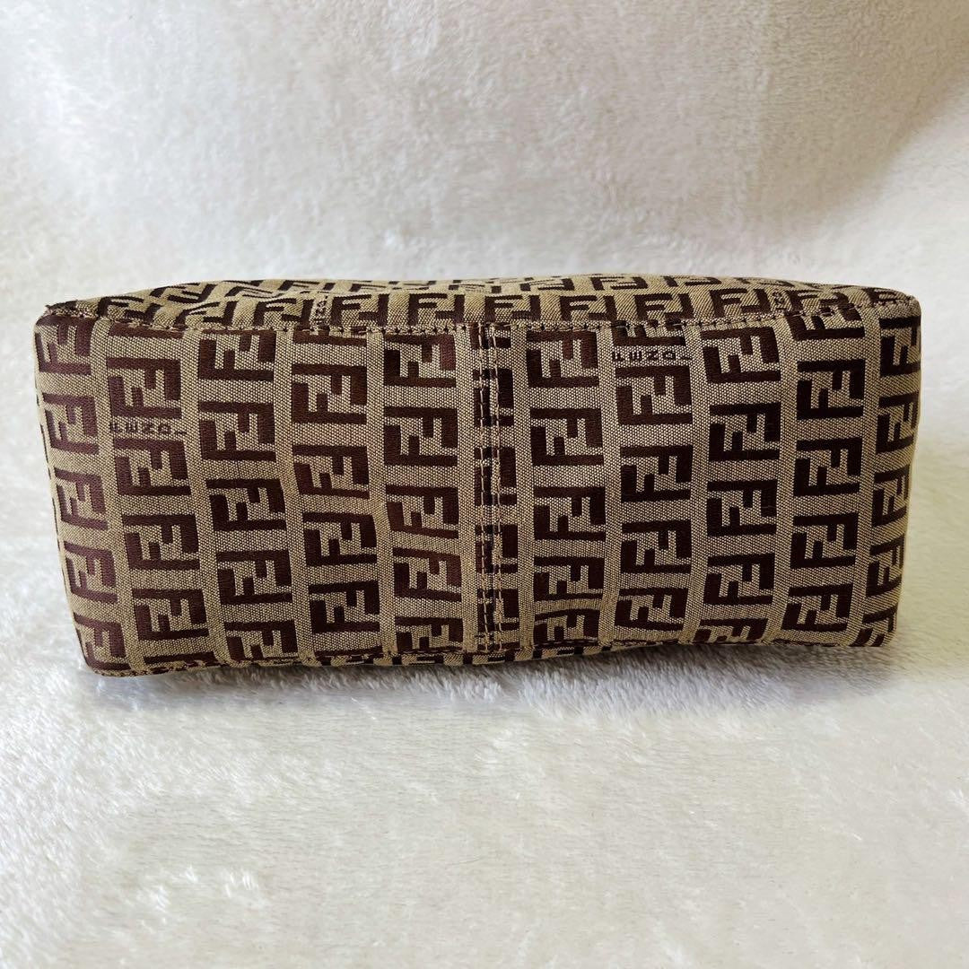 FENDI Accessory Pouch Hand Pouch FF Zucchino Canvas Leather Brown Authentic