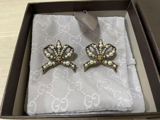 GUCCI Earrings Ribbon Gold White Women Accessory Authentic
