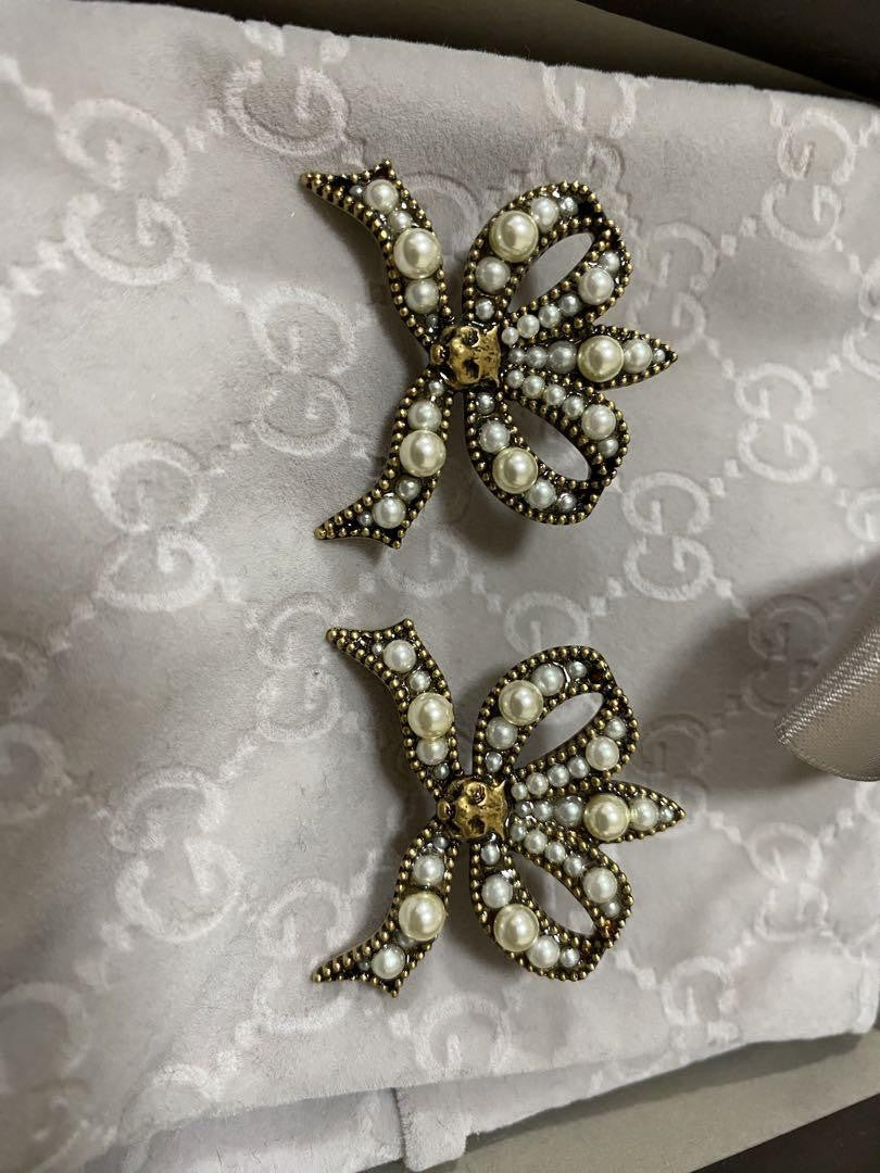 GUCCI Earrings Ribbon Gold White Women Accessory Authentic