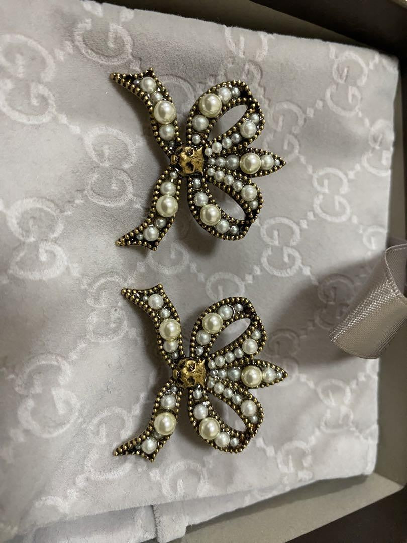 GUCCI Earrings Ribbon Gold White Women Accessory Authentic