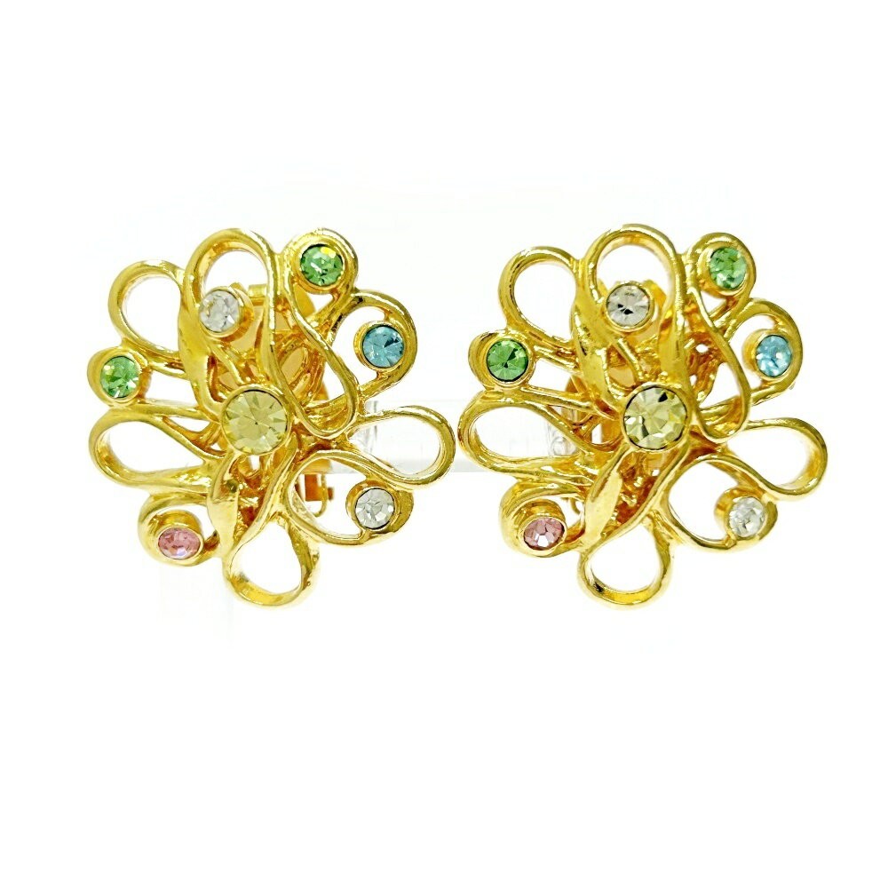 Saint Laurent Earrings GP Rhinestone Flower Gold Authentic