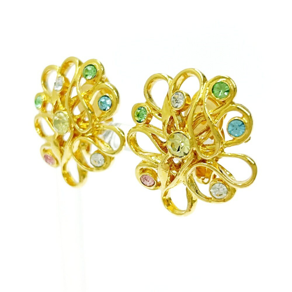 Saint Laurent Earrings GP Rhinestone Flower Gold Authentic