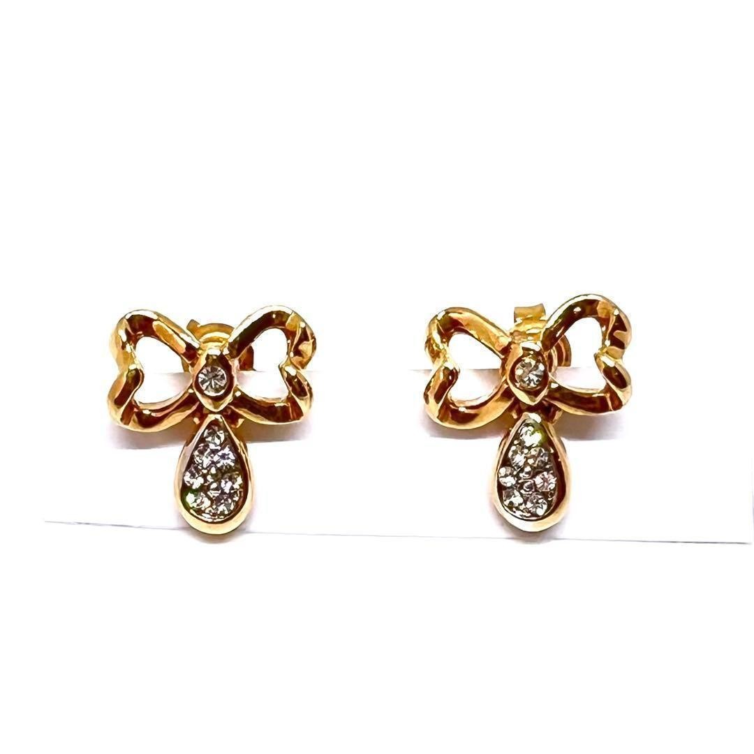 Saint Laurent Earrings Ribbon Rhinestone Gold Authentic