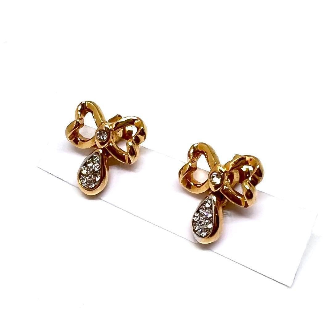 Saint Laurent Earrings Ribbon Rhinestone Gold Authentic