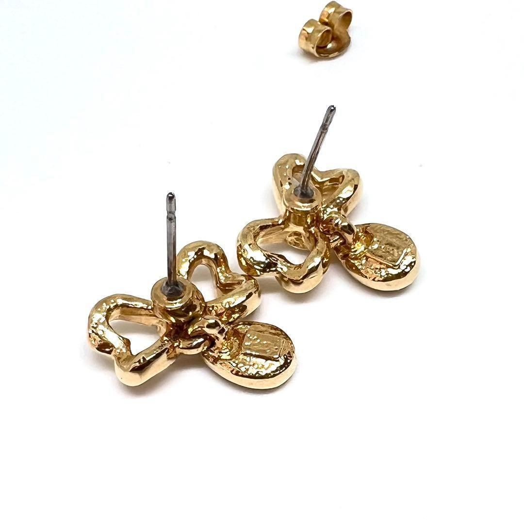 Saint Laurent Earrings Ribbon Rhinestone Gold Authentic