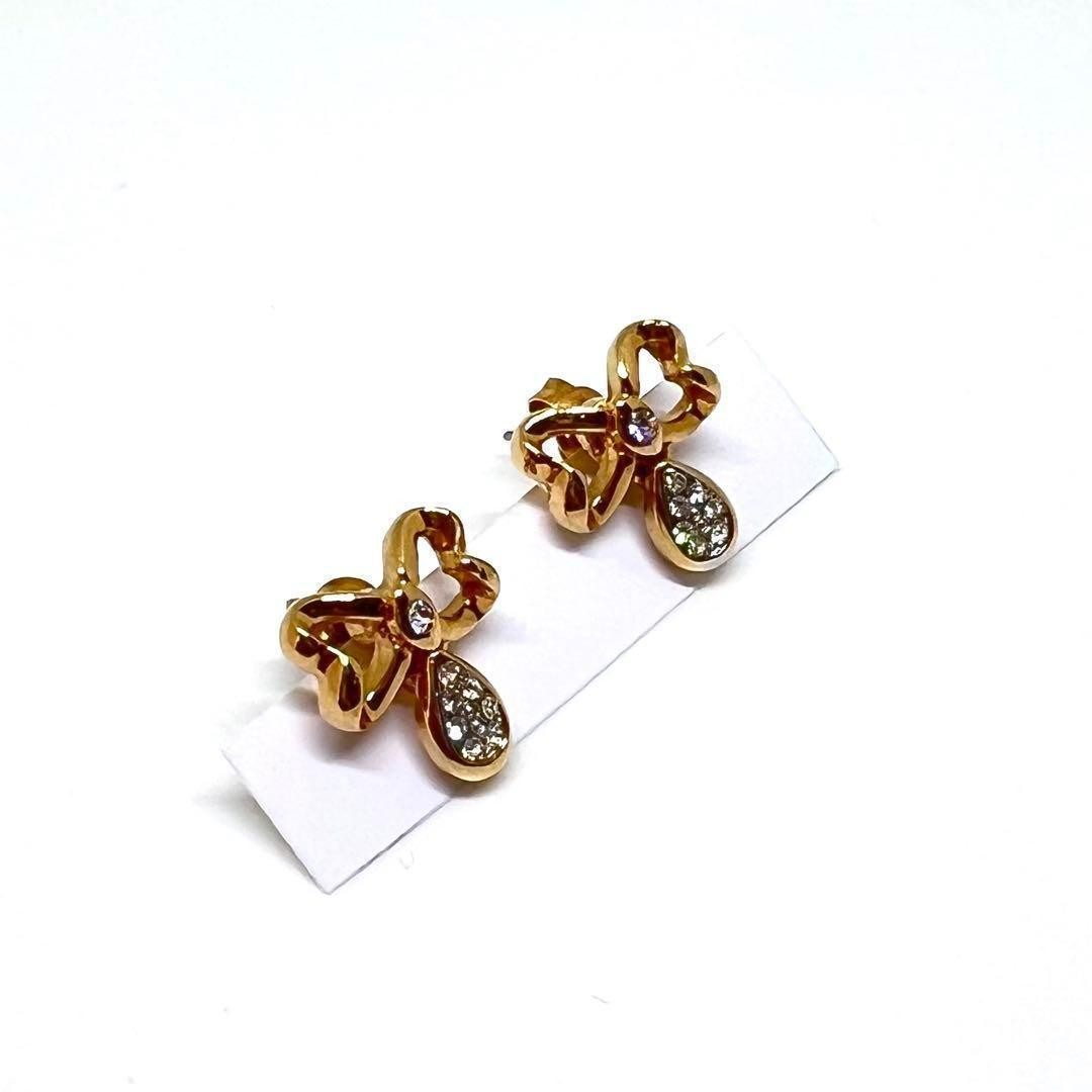 Saint Laurent Earrings Ribbon Rhinestone Gold Authentic