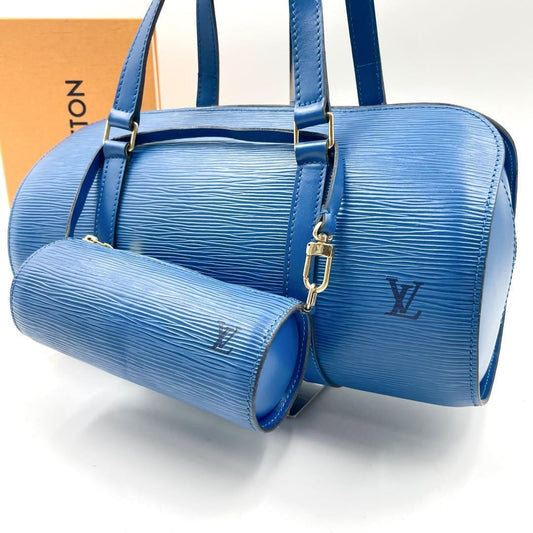 Louis Vuitton Hand Bag Tote Purse Epi Leather PVC Blue Authentic