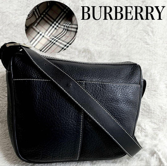 BURBERRY Shoulder Bag Purse Nova Check Leather Black Authentic
