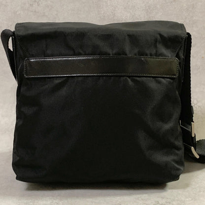 PRADA Bag Logo Shoulder Purse Nylon Leather Black Silver Used Authentic