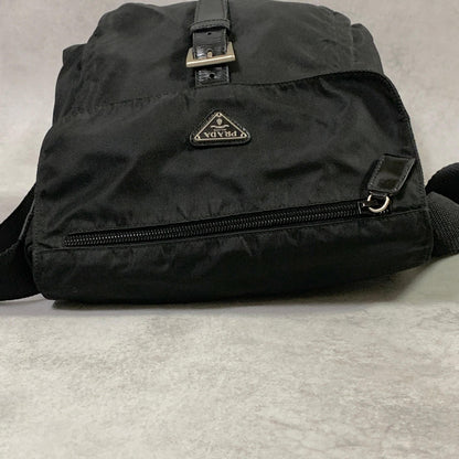 PRADA Bag Logo Shoulder Purse Nylon Leather Black Silver Used Authentic