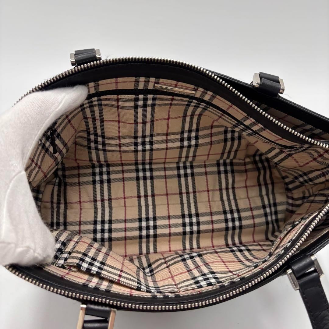 BURBERRY Hand Bag Tote Purse Nova Check Leather Black Authentic